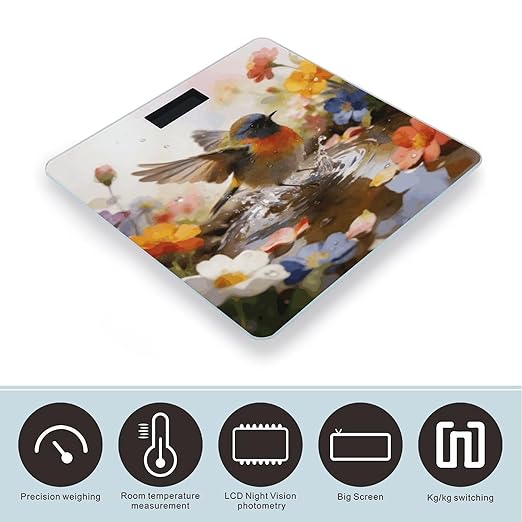 Bird Bathing Flowers Weight ScaleClear LED Display Bathroom Digital Weighing ScaleTempered Glass Digital Bathroom Scale for Body Weight Capacity Up to 400 Lbs