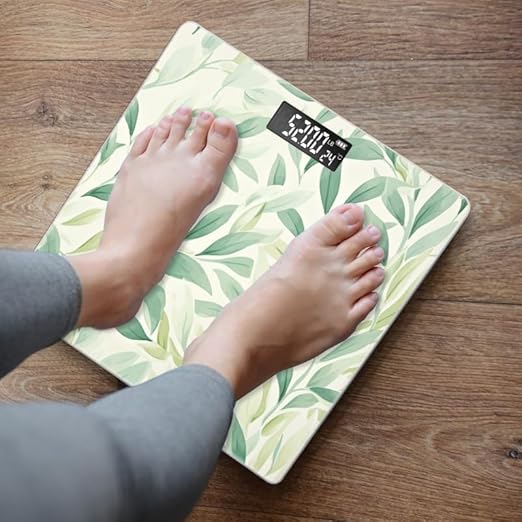 Digital Scale for Body Weight Highly Precision Bathroom Weight Scale 400 lbs with Backlit Display Personalized Scale for Home-Pastel Green and Cream Leaves On White Background