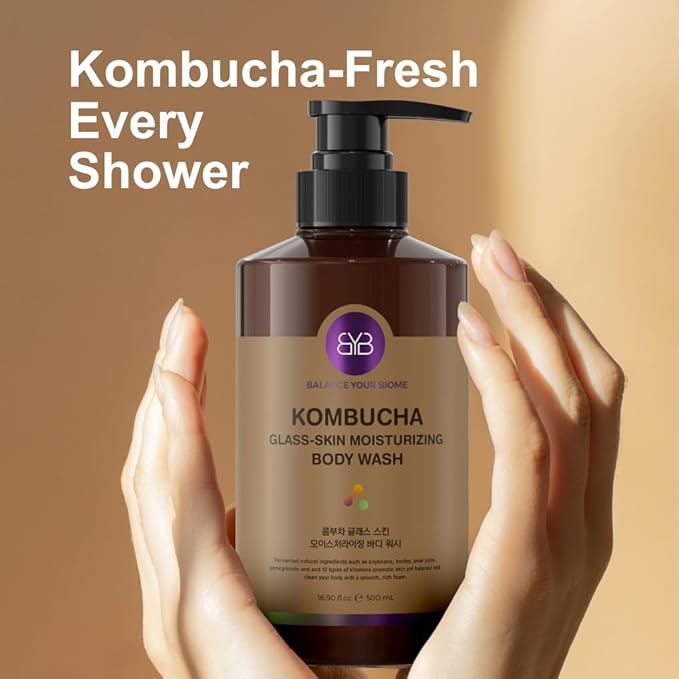 Kombucha Glass-Skin Moisturizing Body Wash K-BeautyFermented soybean barley Pear Juice Pomegranates12 Vitamins Nurishing Cleansing 16.9 fl.ozNo Silicone.Rich micro-foam gently cleanses
