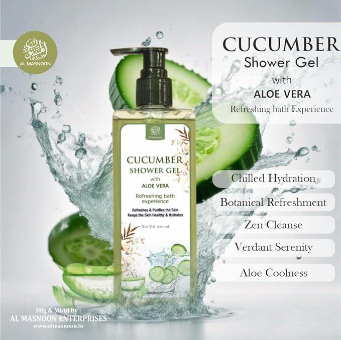 Cucumber Shower Gel with Aloe Vera 250ml / Refreshing Bath Experience for Clean Hydrated Skin/Pack of 1