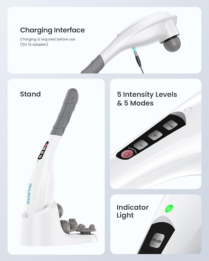 RENPHO Rechargeable Handheld Back Massager Cordless Electric Neck Massage Tool for Shoulder Foot Leg Calf Birthday Gifts for Women and Men