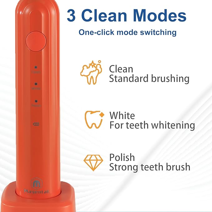 Ultrasonic U Shaped Toothbrush for Adults Electric Toothbrush for 360-degree Cleaning with Wireless Charging Waterproof IPX7 3 Modes for Teeth Whitening(Orange)