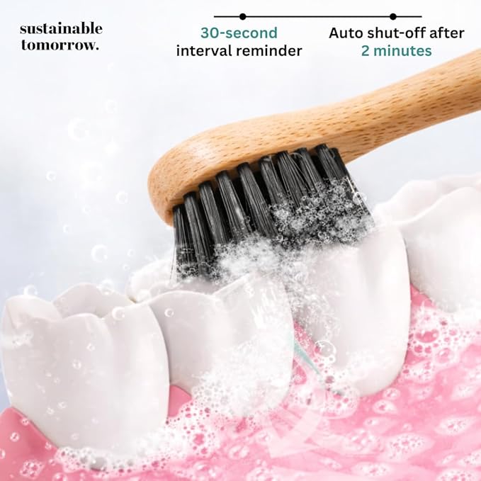 Sustainable Tomorrow Zen Bamboo Electric Toothbrush Durable Wood-Grain ABS Handle Rechargeable w/Plant-Based Soft Bristles Bamboo Heads 5 Modes &amp 30-Day Battery