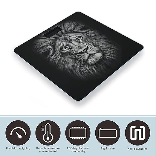 Black and White Lion Head Bathroom Scale Automatic Power On/Off Body Scales LCD Backlight Display Square Digital Scale Rounded Corners Bathroom Scales for Home Bedrooms