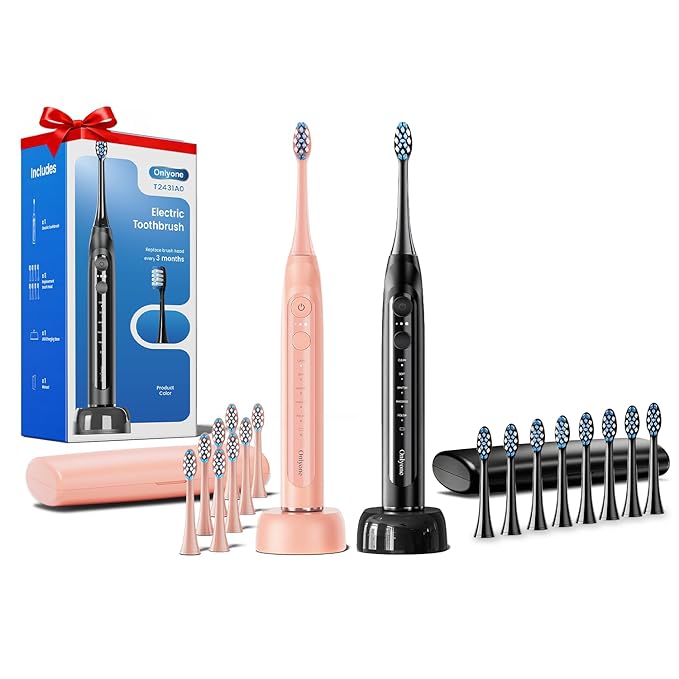 Onlyone Sonic Electric Toothbrush for Adults Rechargeable Ultrasonic Electric Toothbrush with 8 Brush Heads Travel Case Charging Base &amp Wireless Charging - 5 Modes with Smart Timer