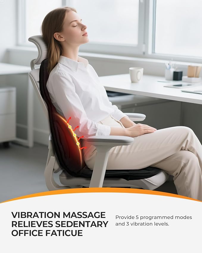 CooCoCo 8 Motors Massage Seat Cushion Upgraded 2X Larger Heating Back Massager with Heat 5 Modes &amp Auto Off Back Massage Chair Pad for Home Office Use for Women Men Dad Mom