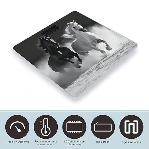 Black and White Horses Running Bathroom Scale for Body Weight LCD Display Digital Bathroom Scale Tempered Glass Bathroom Weight Scales Fashion Smart Scales for Home Bedroom 400 Lb