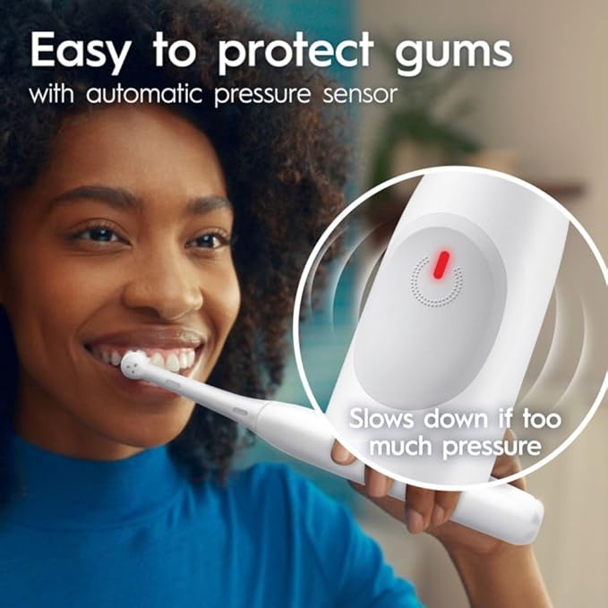 Oral-B Rechargeable Electric Toothbrush iO2 Starter Kit 3 Cleaning Modes Automatic Pressure Sensor to Protect Gums 2 Brush Heads Pure White