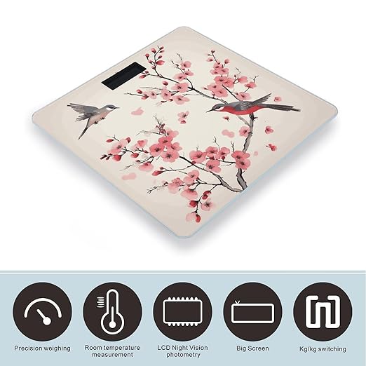 Cherry Branches Flowers Birds Scale for Body Weight Sturdy Tempered Glass Weighing Scales with LCD Display Accurate Digital Bathroom Scale Convenient Body Fat Smart Scales 400lb