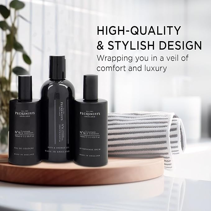 Pecksniff's Fragrance Gift Sets Luxurious Handcrafted in England (Men's Leather &amp Oakmoss: Eau de Cologne 3-in-1 Bath &amp Shower Gel After Shave Balm)