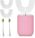 Adult Sonic Automatic Electric Toothbrush 360° Oral Cleaning Stain Whitening IPX7 Waterproof Rechargeable u-Shape Brush Head*3+Straight Handle Brush Head*2 (Pink)