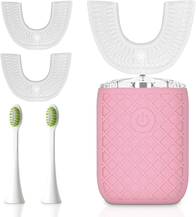 Adult Sonic Automatic Electric Toothbrush 360° Oral Cleaning Stain Whitening IPX7 Waterproof Rechargeable u-Shape Brush Head*3+Straight Handle Brush Head*2 (Pink)