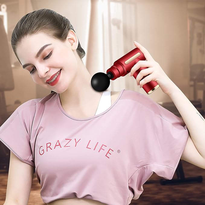Ergocar Powerful Muscle Massage Gun Deep Tissue 6 Speeds Handheld Electric Body Massager with 4 Heads Super Quiet Fashion for Athletes Sedentary Office WorkerButton Style-Grey