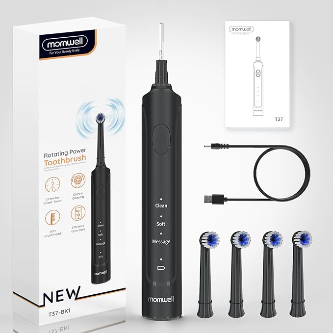mornwell Electric Toothbrush USB Fast Charging 3 Modes Rotary Toothbrushes Rechargeable Spin Toothbrushes with 4 Round Brush Heads for Adults &amp Kids (Over 8 Years Old)