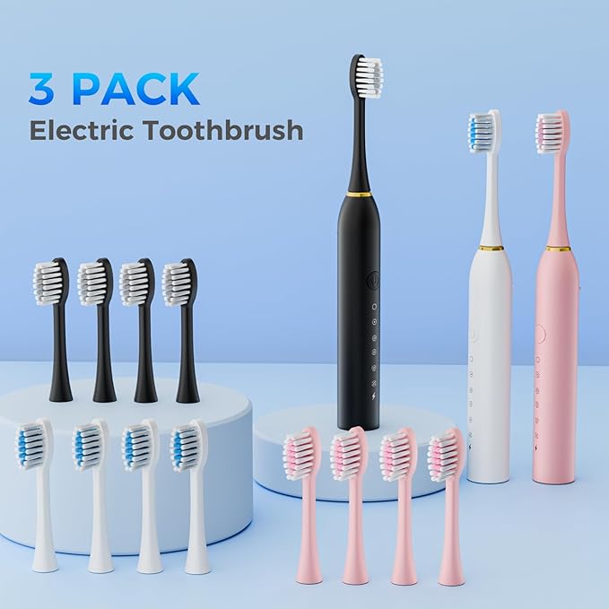 Dnil 3 Pack Sonic Electric Toothbrush 42000vpm High-Frequency Vibrations 6 Brushing Modes with Smart Timer Includes 12 Replacement Heads for Deep Clean and Gum Care(Black+White+Pink)