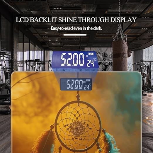 Digital Scale for Body Weight Highly Precision Bathroom Weight Scale 400 lbs with Backlit Display Personalized Scale for Home-Dreamcatcher Hanging in The Air with Orange and Blue Background