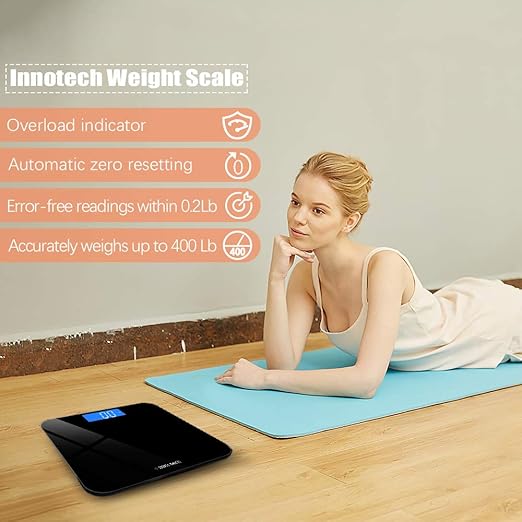 Innotech® Digital Bathroom Scale with Easy-to-Read Backlit LCD (Black)