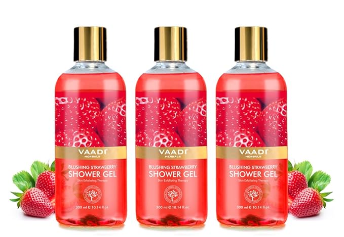 Vaadi Herbals Shower Gel - Sulfate-Free - Herbal Body Wash Both For Men And Women - 300 Ml (10.14 Fl Oz) - (Blushing Strawberry) (3 Bottles)