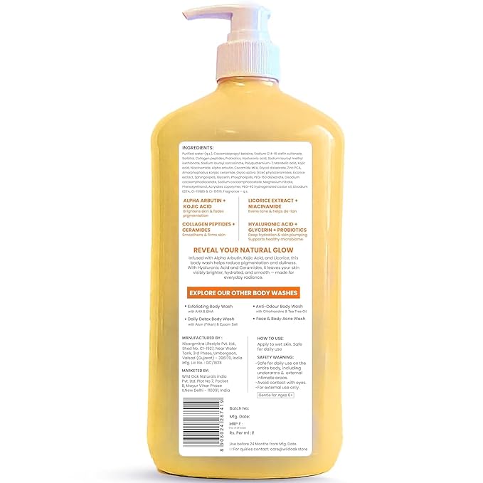 Wild-Oak Brightening &amp De-Tan Body Wash | Kojic Acid Alpha Arbutin Niacinamide Hyaluronic Acid | With Ceramides &amp Probiotics | Shower Gel for Tan Removal &amp Glowing Skin | 750ml