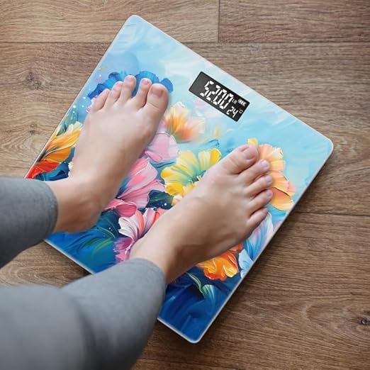 Digital Scale for Body Weight Highly Precision Bathroom Weight Scale 400 lbs with Backlit Display Personalized Scale for Home-Colorful Flower Paintings On Blue Background with Vibrant