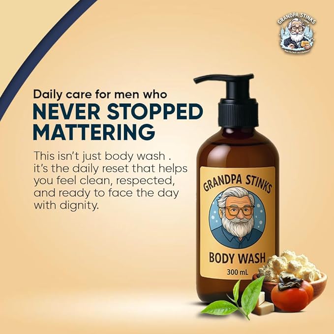 Grandpa Stinks® Body Wash – Persimmon &amp Green Tea Deodorizing Cleanser – Natural Odor Eliminator for Men – Hydrating Daily Shower Gel with Shea Butter – 10.14 fl oz
