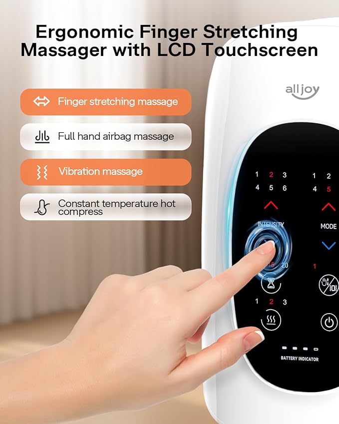 ALLJOY Hand Massager with Heat and Compression Knuckle Stretching and Hand Massage 6 Modes 6 Intensities 3 Heat for Arthritis and Carpal Tunnel Relief Valentines Day Gifts for Women Men(White)