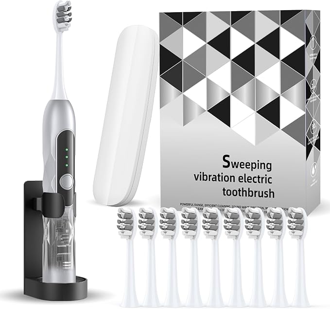 Oscillation&ampVibration Sonic Electric Toothbrush for Adults with 10 Brush Heads for Travel &amp Teeth Care 48000VPM Motor 5 Cleaning Modes 2 Min Timer (Silver)
