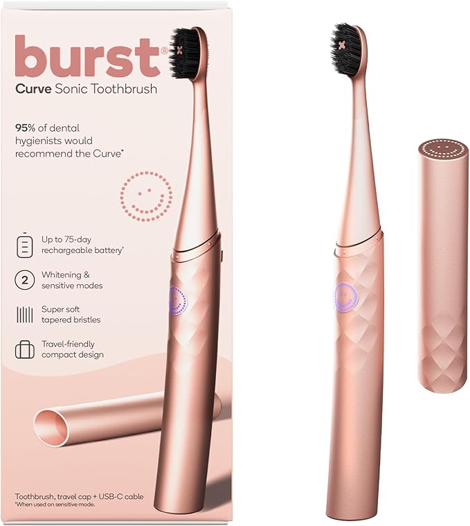 Burst Curve Sonic Electric Toothbrush for Adults (Rose Gold) | Slim Travel Brush with Cover | Ultra Soft Bristles | Up to 2 Month Rechargeable Battery | Two Modes &amp Timer