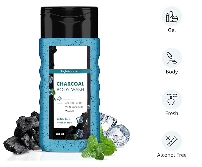 HK Charcoal &amp Menthol Body Wash | With Menthol 5% Niacinamide &amp Activated Charcoal Beads | For Instant Cooling Odor Protection &amp Improves Skin texture | 250ml