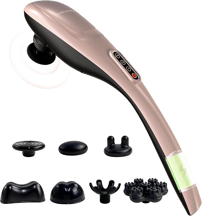 MEGAWISE Cordless Handheld Back Massager w/Rechargeable 3200mAh Battery 5 Speed and 5 +2 Massage Nodes with Hard Medium and 2 Soft Silicone Nodes Massage While Moving Around (Rose Gold)