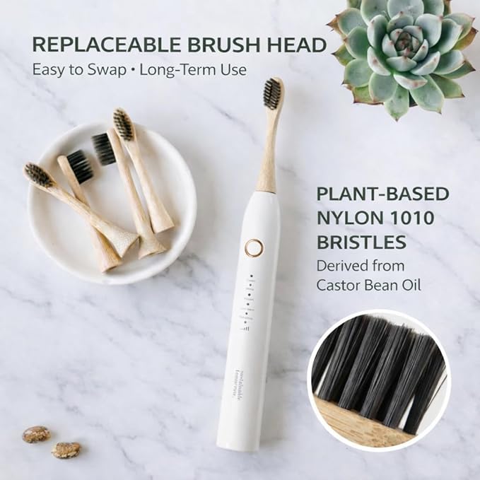 Sustainable Tomorrow Zen Bamboo Electric Toothbrush Durable Wood-Grain ABS Handle Rechargeable w/Plant-Based Soft Bristles Bamboo Heads 5 Modes &amp 30-Day Battery (White)