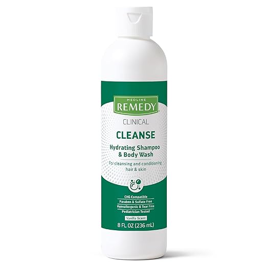 Medline Remedy Clinical Hydrating Shampoo &amp Body Wash (8 fl oz) 12 Count Vanilla Scent Cleanser No-Rinse Adults Kids Shower Or Bedside Dimethicone Sulfate Free