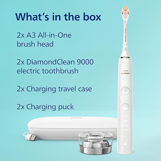 Philips Sonicare DiamondClean Connected Electric Toothbrush 2 Pack x2 Sonic Toothbrushes x2 Charging Travel Cases x2 A3 Brush Heads 12 Brushing Settings (Pink and White) Model HX9912/72