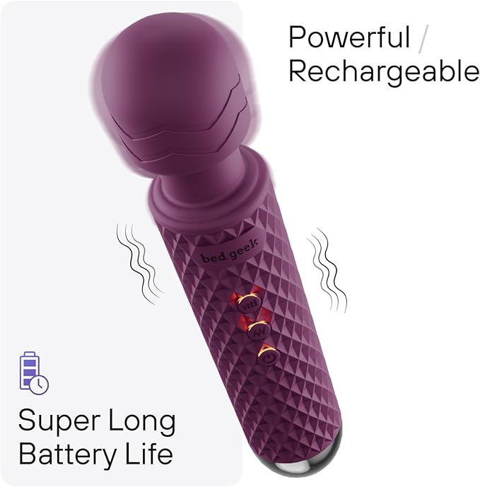 bed geek Cordless Personal Massage Wand – Waterproof &amp USB Rechargeable Skin-Soft Silicone 20 Vibration Patterns 8 Speed Settings Memory Function for Relaxation and Muscle Comfort