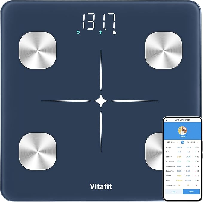 Vitafit Smart Scale for Body Weight High Accuracy 0.1lb by Our Professional Factory Since 2001 Weight Scale App Sync 13 Body Composition with BMI Body Fat and Muscle 400lb LED Space Light