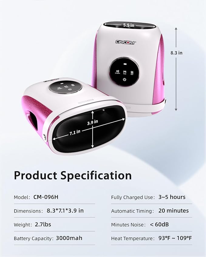 CINCOM Hand Massager with Heat and Compression Finger and Palm Massage Machine for Pain Relief Arthritis and Improved Circulation Gifts for Women Cordless and Rechargeable (White)