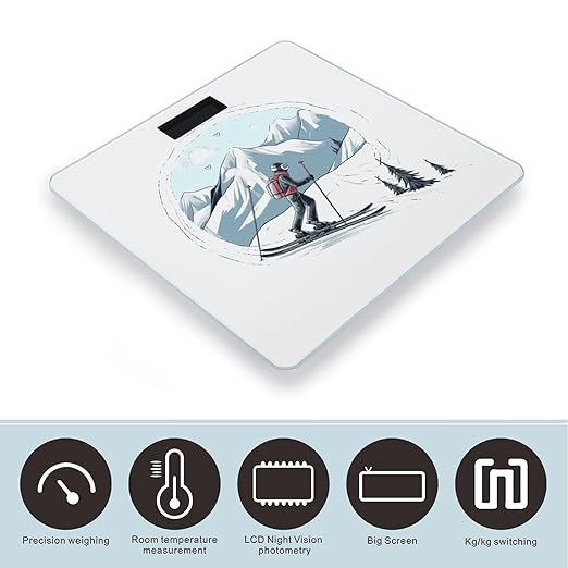 Skiing Theme Weight Scale Digital Electronic Scales Bathroom Scale Larg LCD Backlight Display High Precisio MeasurementsTempered Glass