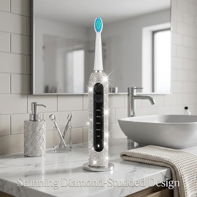 Diamond Sonic Electric Toothbrush Bling Rechargeable Toothbrushes for Adults with 6 Brush Heads Vibrating Toothbrush-5 Modes USB-C Fast Charge2Min Smart TimerIPX7 Waterproof(White)