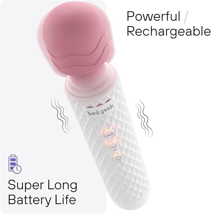 bed geek Handheld Cordless Personal Wand Massager – Waterproof USB Rechargeable 20 Vibration Patterns 8 Speeds Memory Feature Skin-Soft Silicone for Ultimate Relaxation Tool (White)
