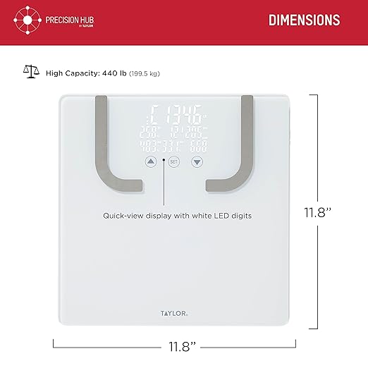 Taylor Smart Bathroom Scale with BIA Body Fat Analysis Bluetooth App Sync Digital Weight Monitor BMI &amp BMR Tracking 8 User Profiles 440 lb Capacity LED Display Glass Platform White
