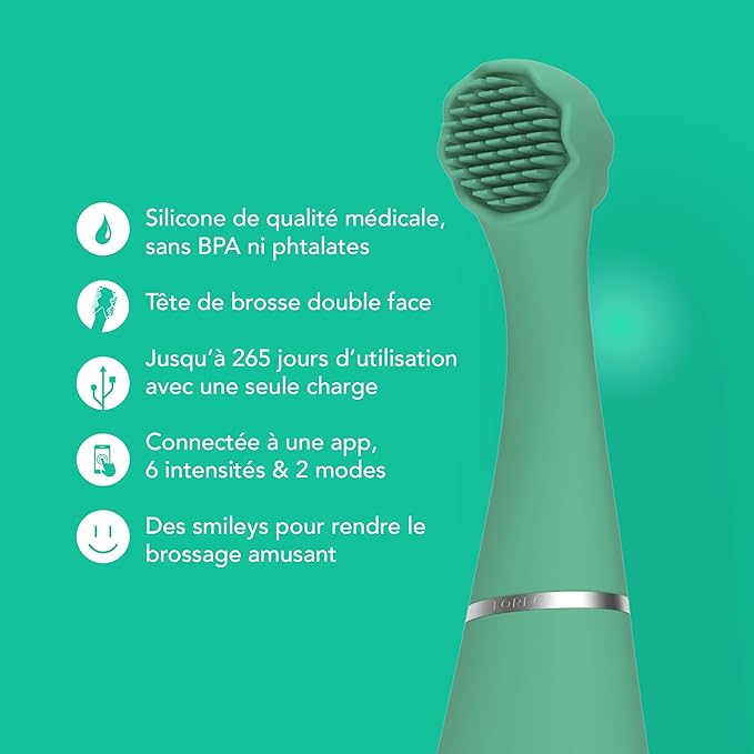 FOREO ISSA 4 Baby – Silicone Sonic Electric Toothbrush Bundle for Babies 2-Sided Bristles Fun Smile Feature Gum Massage 12 Months of Care with Extra Brush Head Travel-Friendly - Kiwi Green