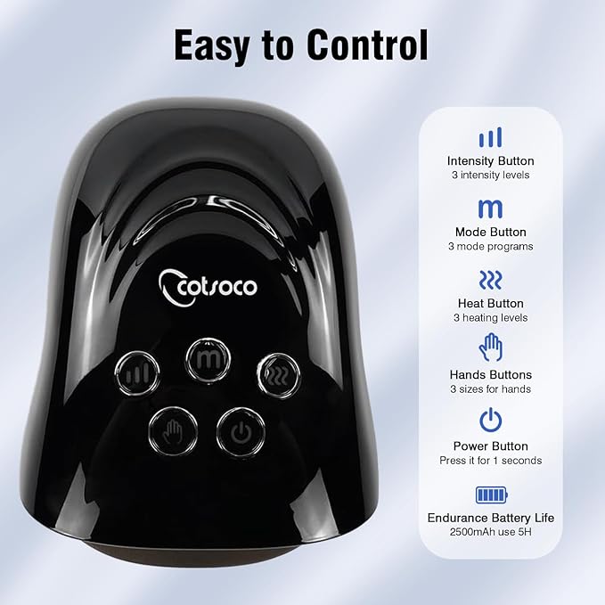 cotsoco Upgraded Hand Massager - 3Massage Sizes Cordless Hand Massager with Heat &amp Compression for Arthritis and Carpal Tunnel Gift for Men Women Family Friends Relaxation at Home Office Blac