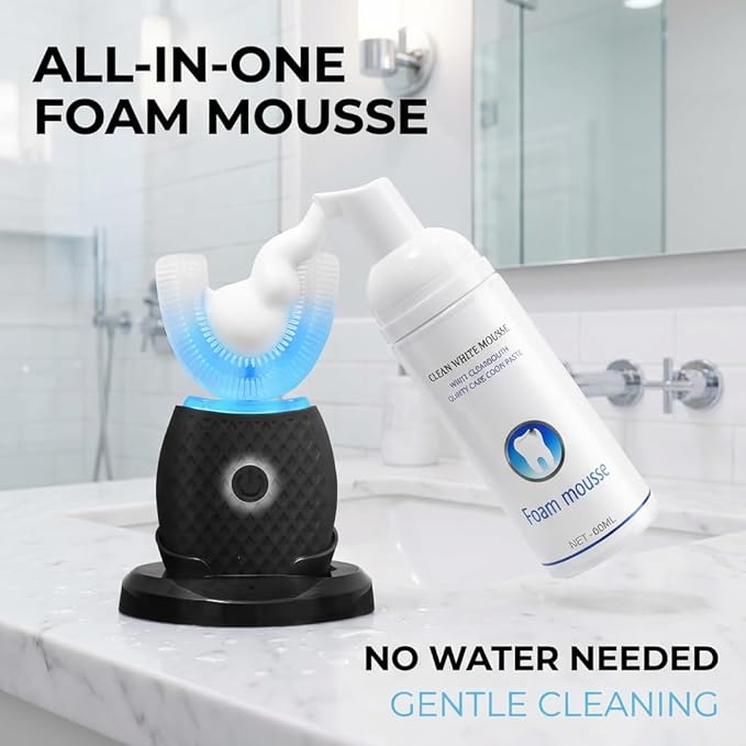 U-Shaped Electric Toothbrush for Adults Hands-Free Auto Teeth Cleaner with 360° Ultrasonic &amp Foam Mousse 4 Brush Heads LED Light &amp Charging Base Kit (Black)