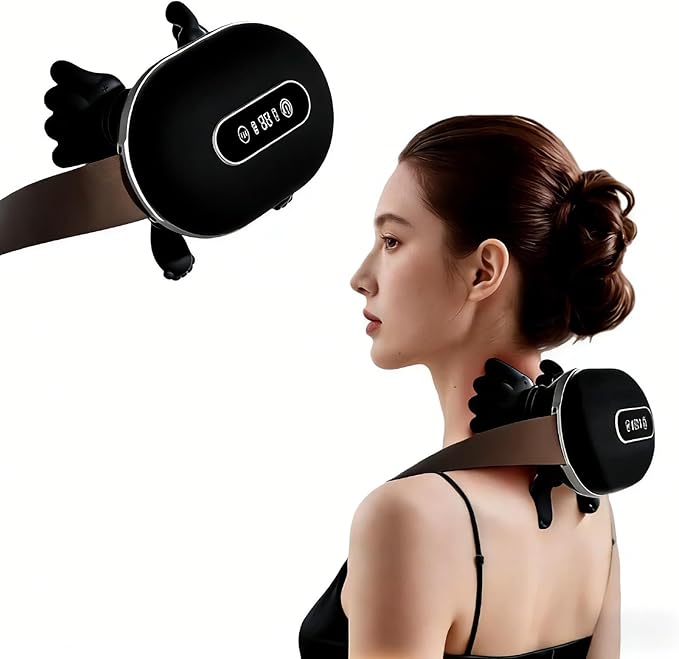 SALAN Heat Therapy Neck and Shoulder Massager Deep Muscle Tissue Massage Bionic Fingers Real Pressure-Sensitive FeedbackPortable Wireless Relax Anytime and Anywhere (Black)