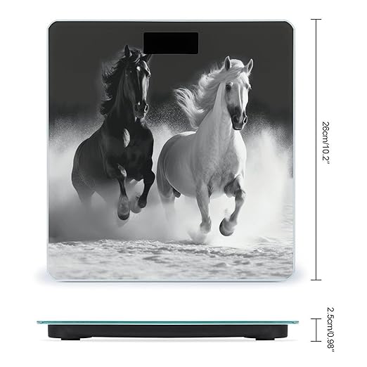 Black and White Horses Running Scale for Body Weight Safe Rounded Corners Tempered Glass Digital Bathroom Scale LED Display 400lb Capacity Weight Scales with High Precision Sensors