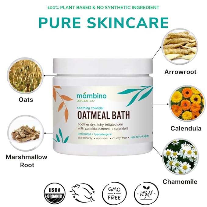 Mambino Organics Soothing Bath Set Organic Oatmeal Bath Soak Soothe Me Shampoo &amp Body Wash and Calming Oil Gentle for Sensitive Skin Vegan Baby Bath Essentials 3-Pack 5.5 oz Each