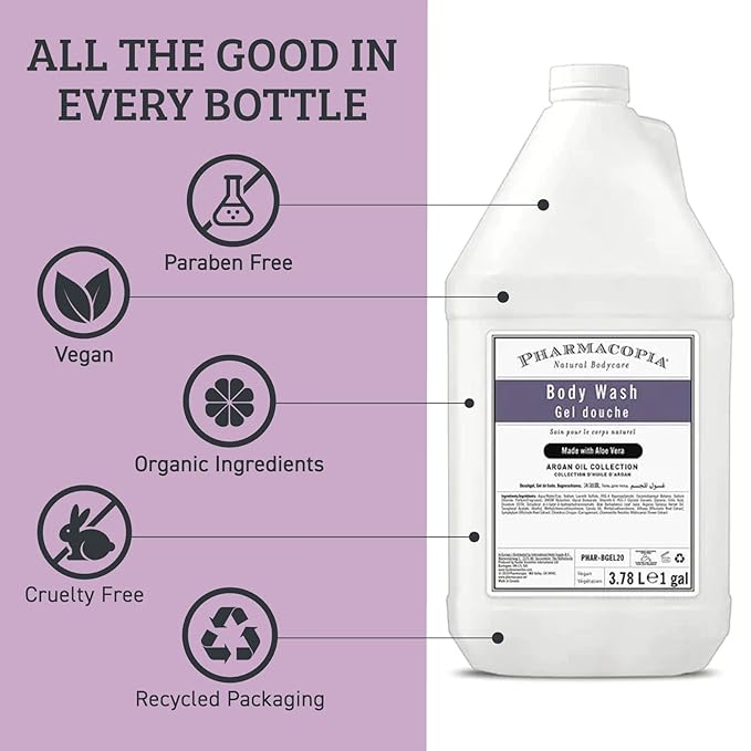 Pharmacopia Hotel Argan Oil Body Wash - Vegan Moisturizing Shower Gel with Aloe Vera Coconut Oil and Green Tea Extract - Natural Organic and Cruelty-Free Skin Care for Men and Women 128 oz