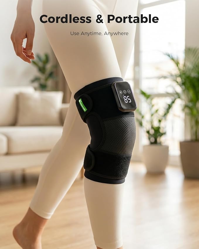 3-in-1 Knee Massager for Pain Relief with Heat Portable Heated Knee Brace with Extension Strap for Knee Elbow &amp Shoulder Cordless Rechargeable Electric Massagers for Joint Comfort (Pair)