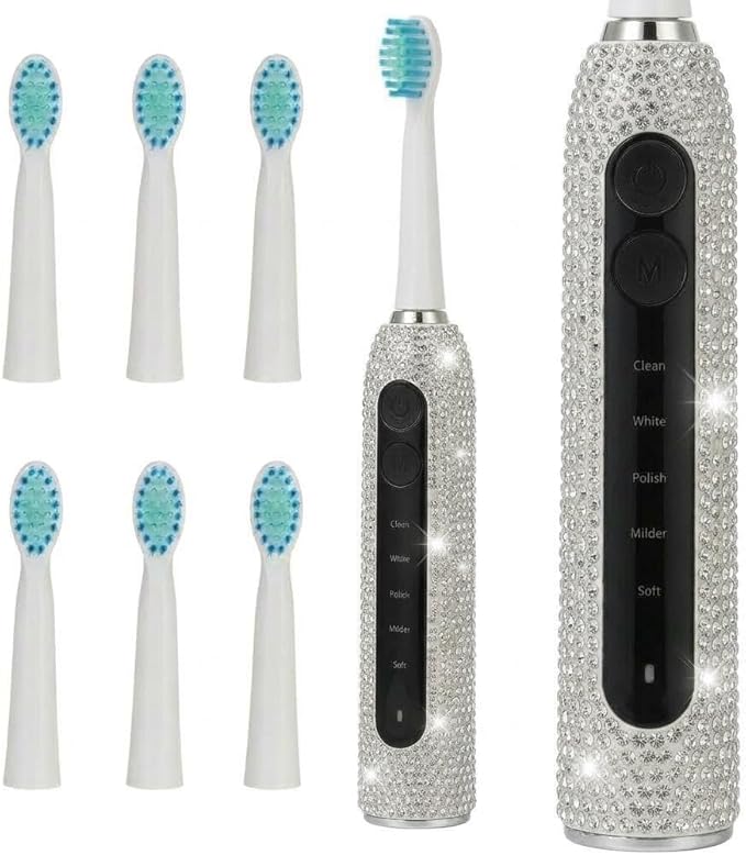 Diamond Sonic Electric Toothbrush Bling Rechargeable Toothbrushes for Adults with 6 Brush Heads Vibrating Toothbrush-5 Modes USB-C Fast Charge2Min Smart TimerIPX7 Waterproof(White)