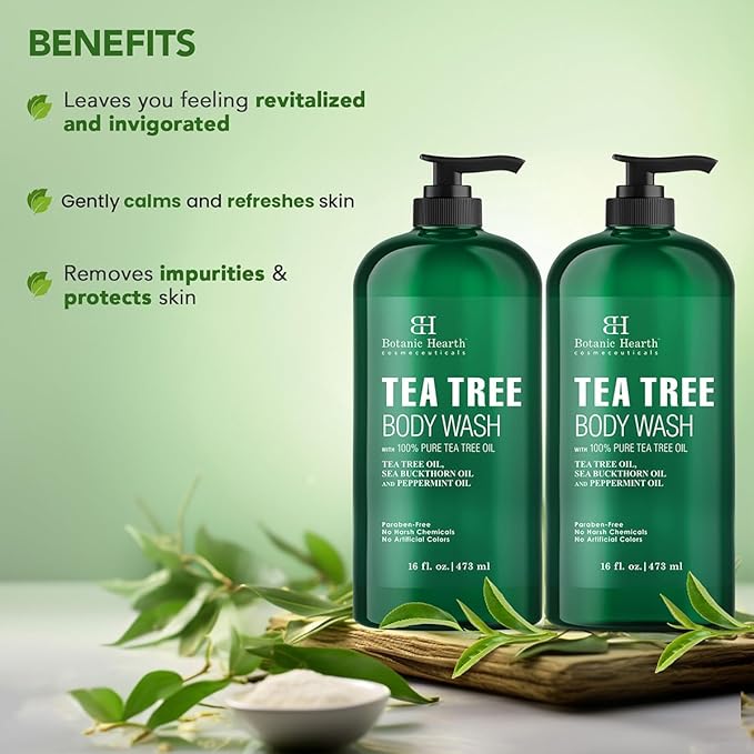 Botanic Hearth Tea Tree Body Wash 16 fl oz (2 Pack) Natural Antifungal &amp Odor Control Shower Gel for Acne Athlete’s Foot Ringworm Jock Itch Healthy Skin Sulfate &amp Paraben Free for Men &a